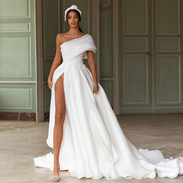 Modest Neckline Wedding Dress 2020 Sexy Side Slit Vestido de noiva Simple Bride Dress Bow Back Stylish Long Bridal Party Gowns