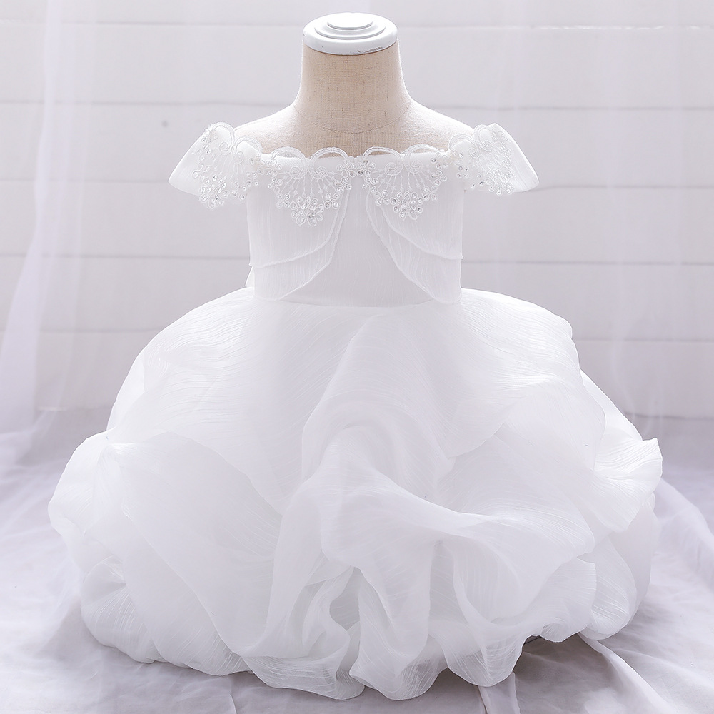 LZH 2020 Autumn Sweet Baby Dress One-Shoulder Infant Full Moon Dress Newborn Baptism Net Gauze Puffy Cake Dress Newborn Clothes