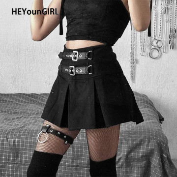 HEYounGIRL Harajuku Punk Casual Pleated Skirt Women Faux Leather Buckle Black Short Mini Skirt Ladies Summer Streetwear Fashion
