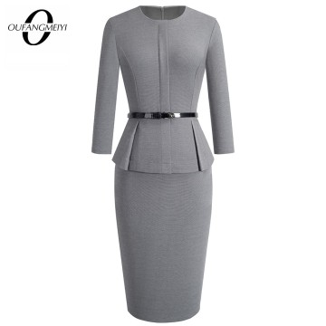 Autumn Winter Classic Women Business Elegant Sashes Solid Color Bodycon Work Career Office Dress EB473