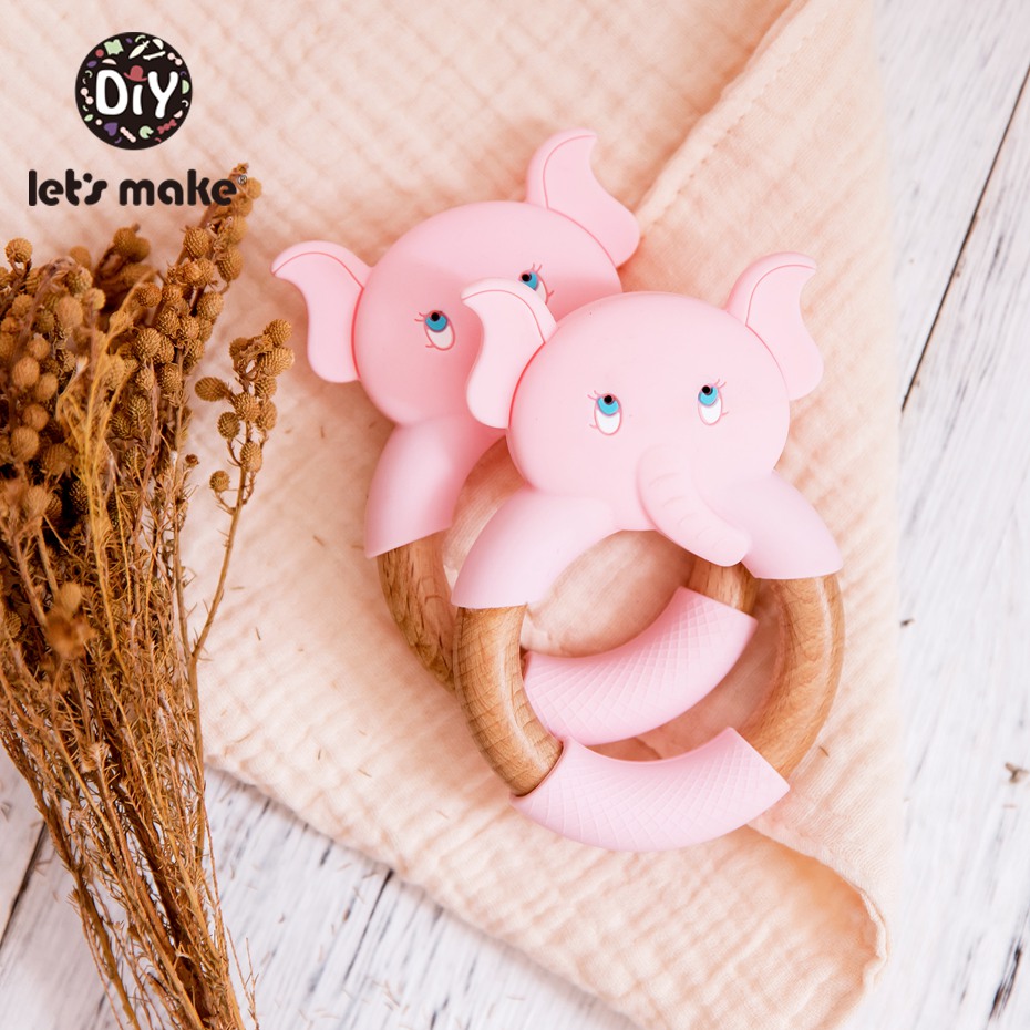 Let's Make 5pc Baby Rattle Wooden Toys For Boys Play Gym Newborn Gift Elephant Stroller Silicone Baby Teether