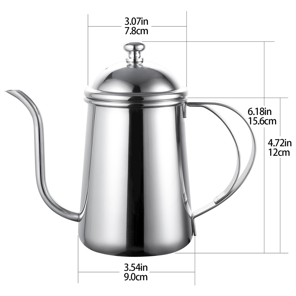 22oz/650ml Stainless Steel Pour Over Coffee Kettle Gooseneck 6mm Spout Drip Pot Coffee Makers Teapot Cafetiere for Barista