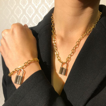 JUST FEEL Fashion Padlock Pendant Necklace Bracelet Sets Women Gold Color Chain Charm Statement Female Jewelry Set Accessories