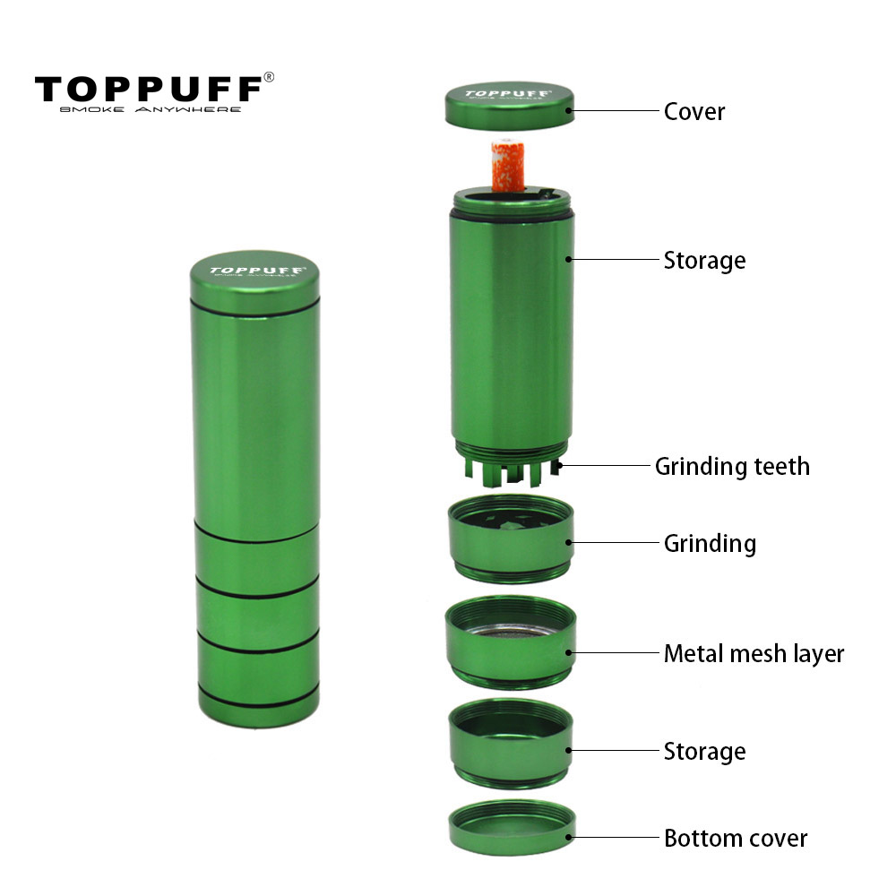 TOPPUFF Multifunctional Aluminum Tobacco Herb Grinder + Storage Container + One Hitter Ceramic Dugout Pipe Smoking Accessories