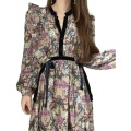 Korea elegant chic v-neck floral dress long autumn spring new ruffles long sleeve women dress