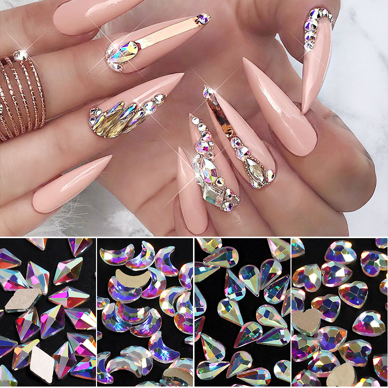 20Pcs Nail Art Rhinestones Holo Flat Shaped Elongated Teardrop Rectangle Colorful Stones For 3D Nails Decoration 13 Colors