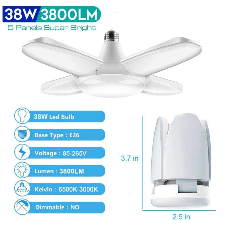 LED Bulb 38W E27 220V Home Energy Saving High Brightness Pendant Light Foldable Fan Blade LED Garage Light