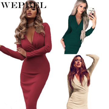 WEPBEL Fashion Career Women Long Sleeved Deep V-neck Fit Work Dress Vintage Elegant Business Office Pencil Bodycon Dress