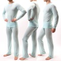 Sexy Men Undershirts Sets Ice Silk Transparent Long Sleeve Tops Trousers Gay Night Club Sex Costume T Shirts Pants Underwear 2XL