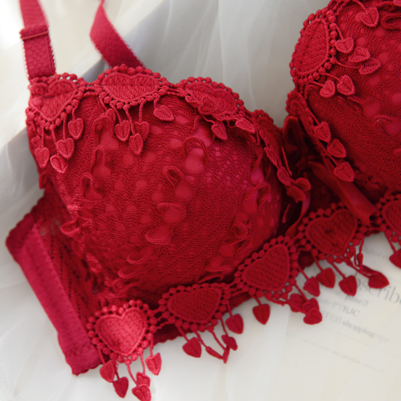 Sexy Lingerie Lace Padded Bra 3 Breasted Push Up Women Underwire Adjusted-straps Love Heart Dot Comfortable Underwear Sets