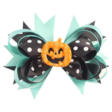 5'' Printed Polka Hair Bows Halloween Smile Pumpkin Hair Clips For Kids Girls Layered Festival Handmade Hairpin Hair Accessories