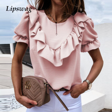Women Elegant Short Sleeve Puff shoulder Ruffles Blouse Shirts 2020 Summer O-Neck Tops Lady Office Casual solid pullovers blusa