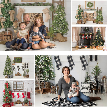 Christmas Photography Backdrop Fireplace Winter Family Party Banner Background Christmas Tree Sock Wreath Photocall Photo Studio