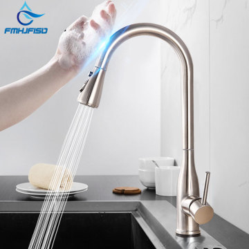 Brushed Nickel Kitchen Faucet Sensor Pull Out Sprayer Rain 360 Rotation Hot Cold Mixer Crane Tap Deck Mounted 2-way Spout