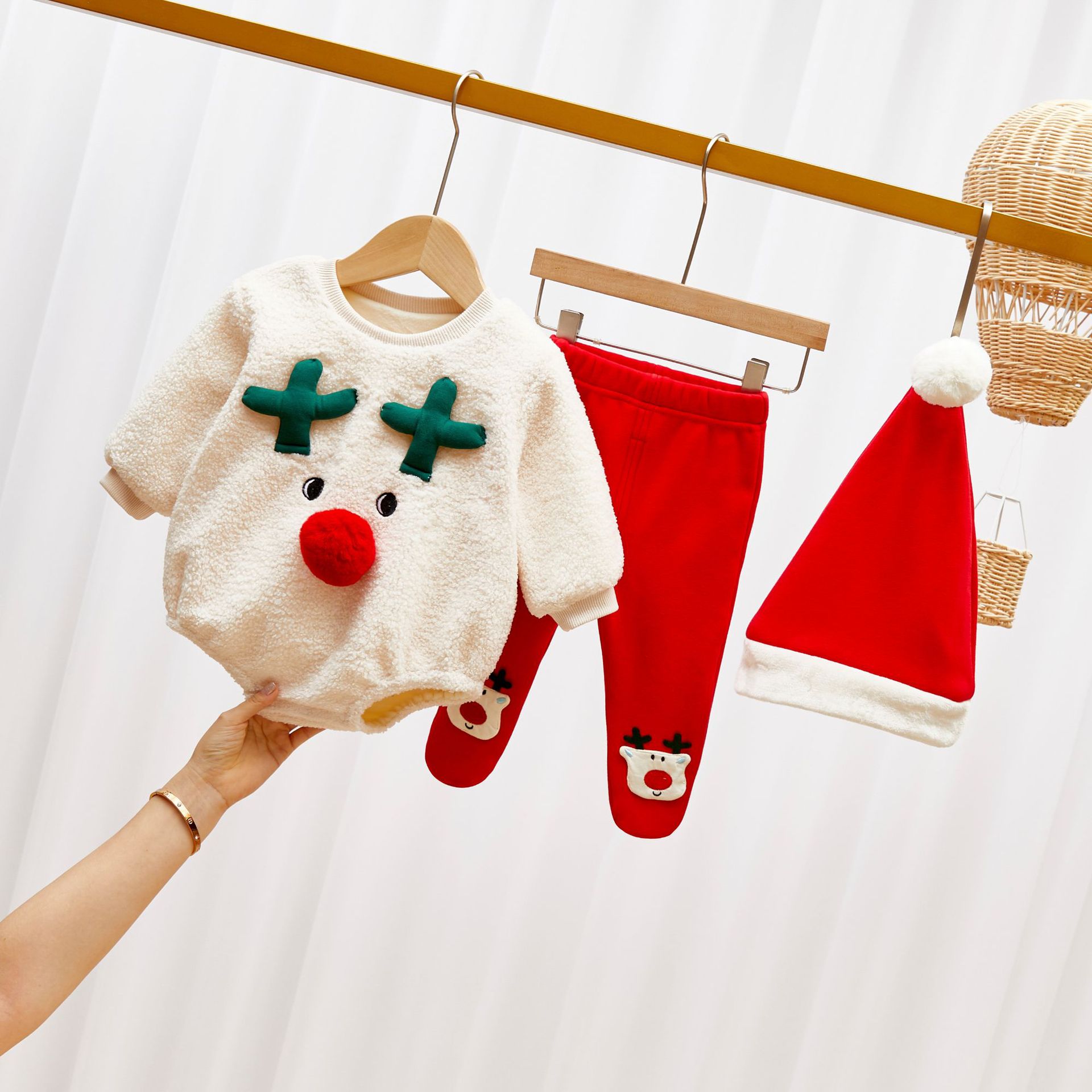 Winter Baby Rompers Christmas Toddler Baby Kid Elk Print Long Sleeve Warm Plus Cashmere Romper Top+Pants Baby 2PCS Children Suit