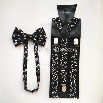 LB018- 2016 New Mens Fashionable 1 Inch Wide Black White Musical Note Braces Bow Tie Sets women suspender bowtie set