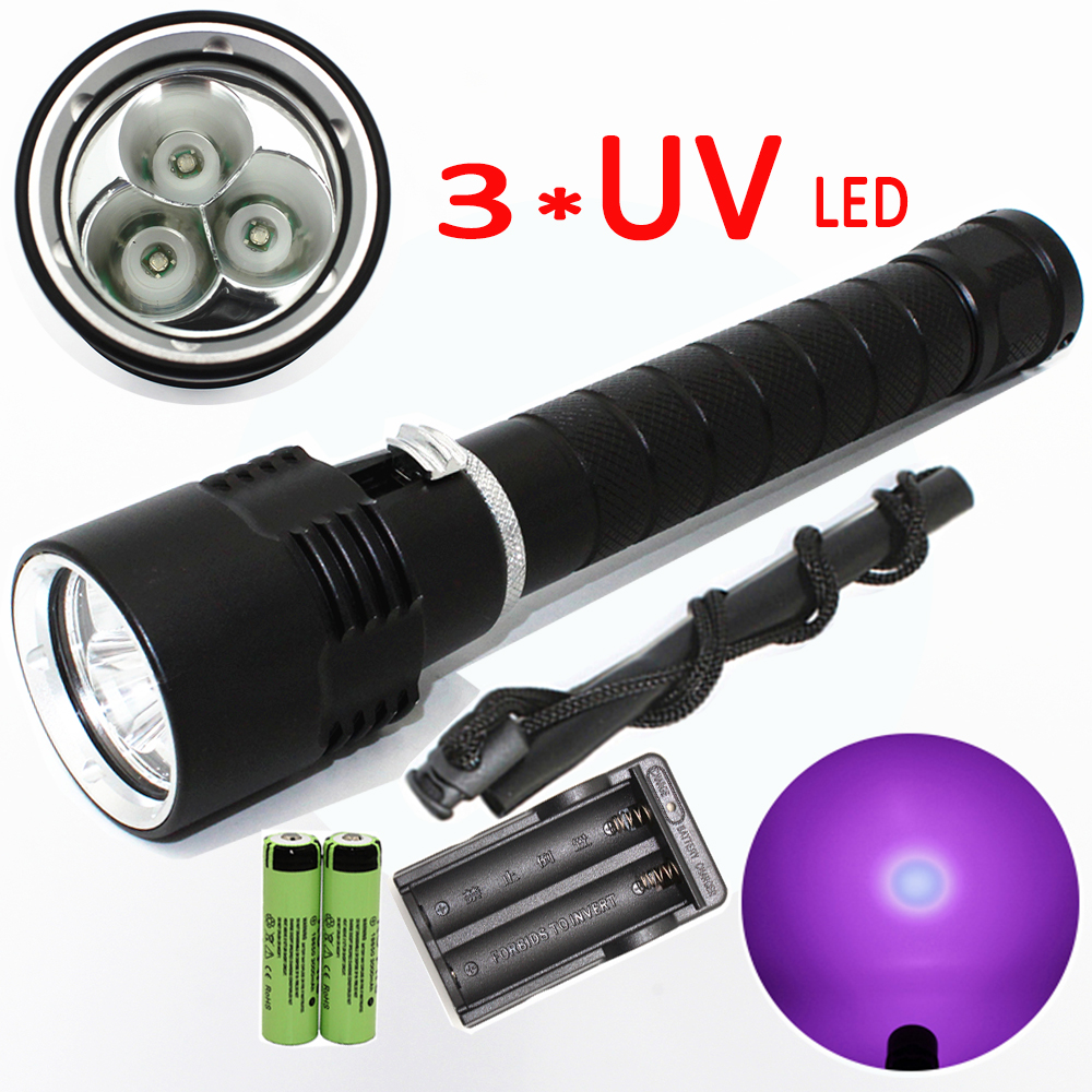 3x UV LED Scuba Diving Flashlight Underwater Water Torch Purple Light Ultraviolet Lamp Lantern Diver +2x18650 Battery +Charger