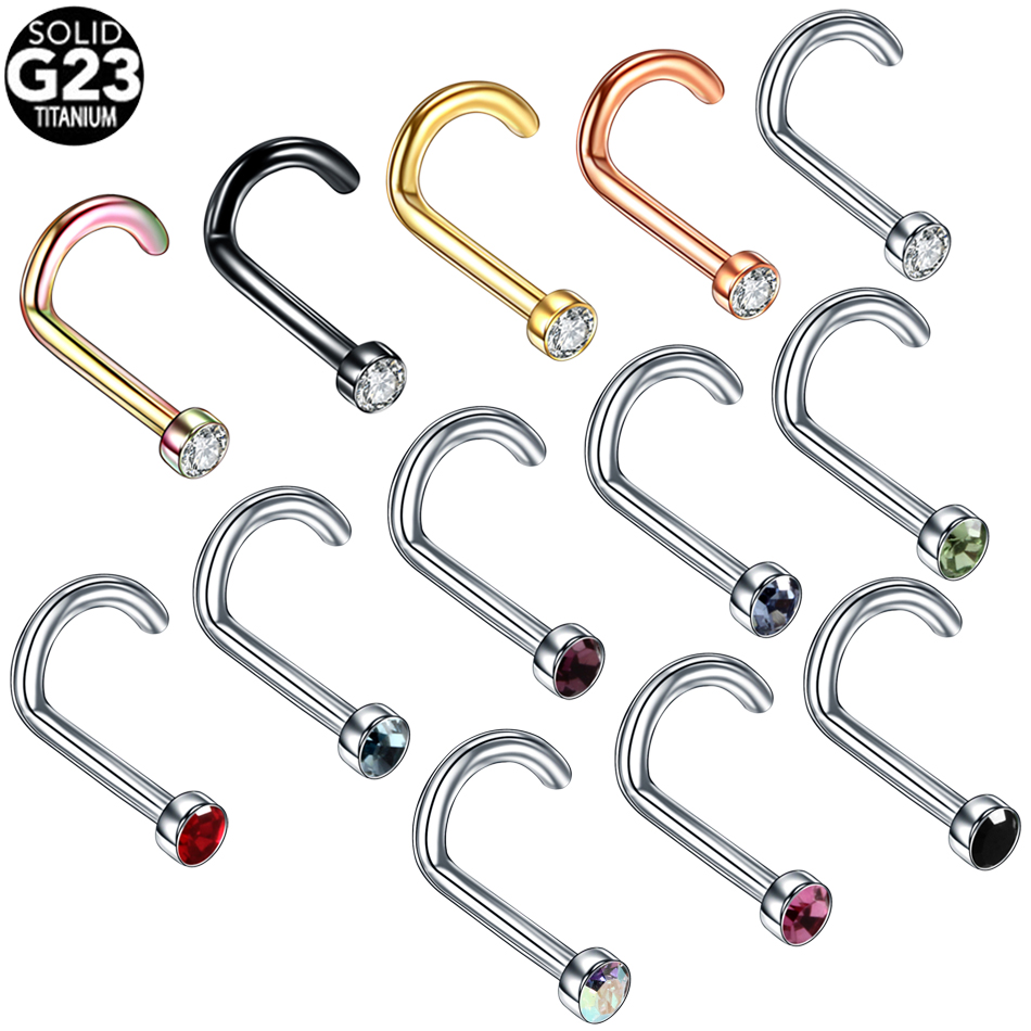 1PC G23 Titanium Small Nose Studs Piercing L Shape Nose Rings Cubic Zirconia Body Piercing Jewelry Mixed Colors Woman Accesories