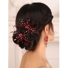 Bohe Red Black Bridal Headwear Crystal Hair pin and Earrings set Bride hair jewelry hat female wedding hair accessories