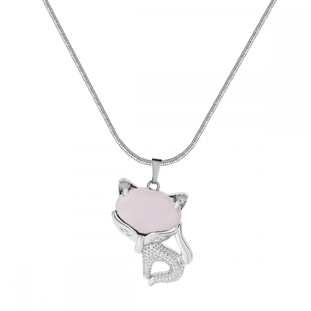 Rose Quartz Luck Fox Necklace for Women Men Healing Energy Crystal Amulet Animal Pendant Gemstone Jewelry Gifts