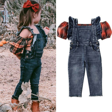 Fashion Kids Baby Girl Clothes Sets 1-6Y Plaid Print Balloon Sleeve Vest Crop Top Denim Suspender Pants Outfit