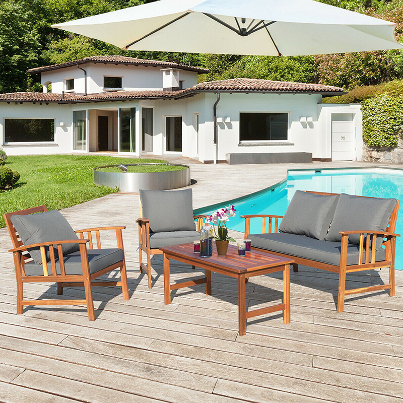 4 Pcs Wooden Patio Furniture Set Table Sofa Chair Cushioned Garden Sturdy & Durable Frame Outdoor Garden Set Ergonomic Design