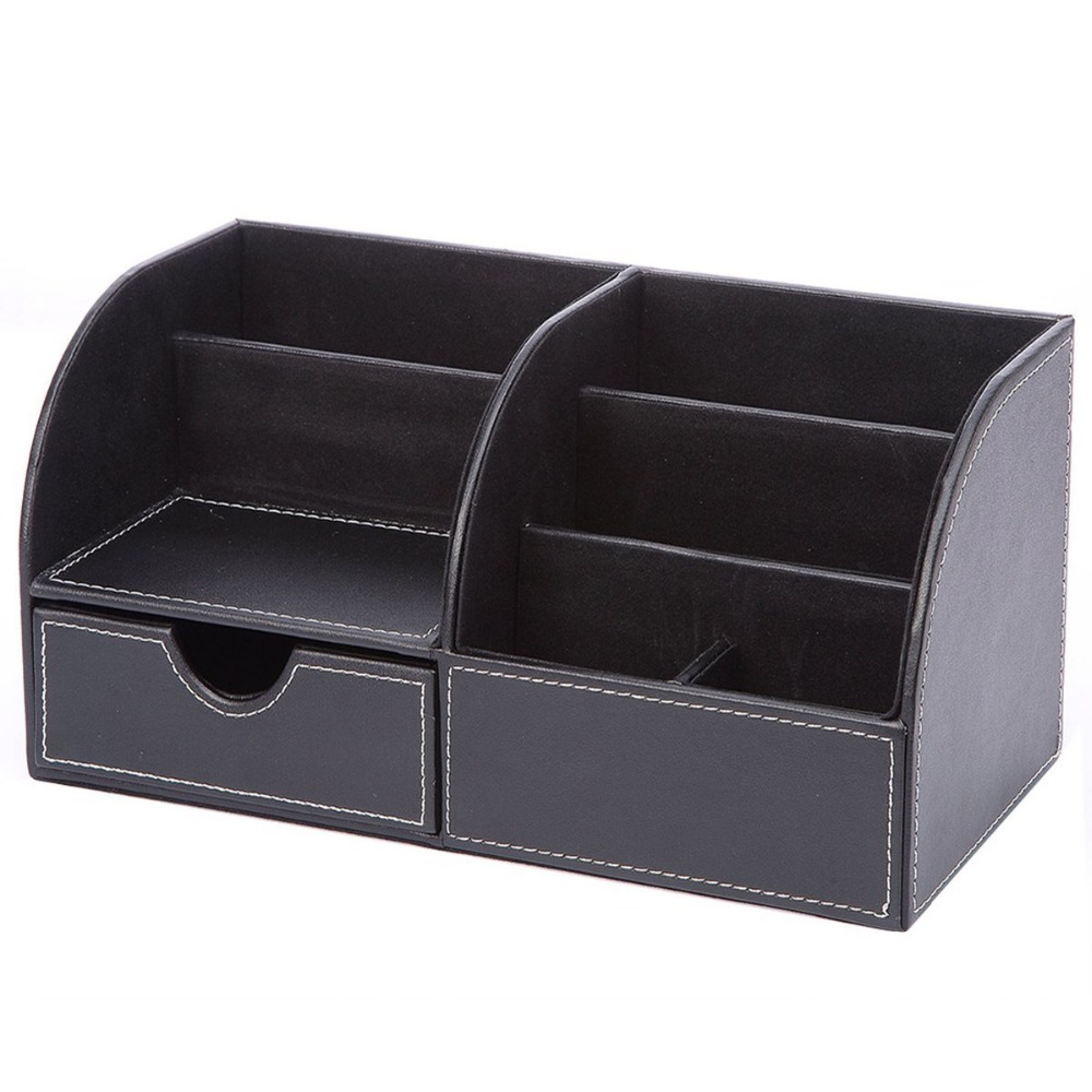 7 Storage Compartments PU Leather Stationery Holders Office Desk Organizer Collection Business Card Pen Pencil Holder