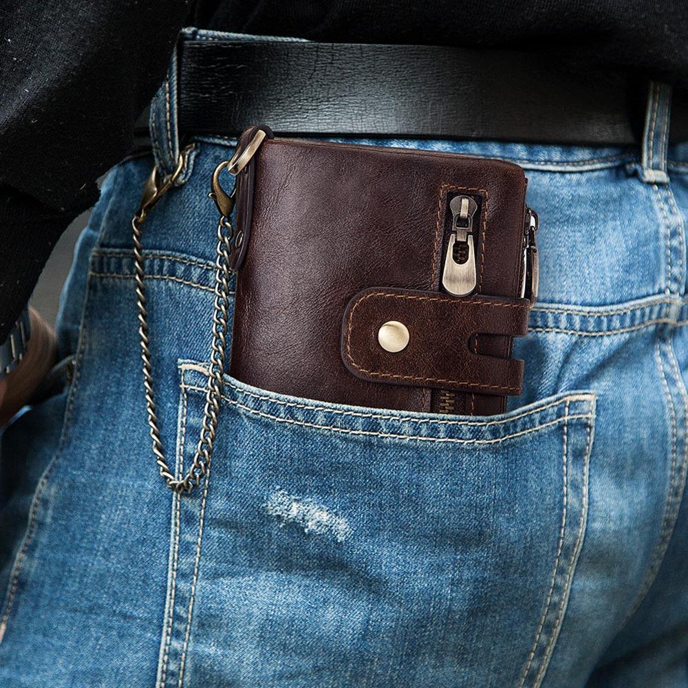 Genuine Cowhide Leather Men Wallet Black Coin Purse Mini Card Holder Chain PORTFOLIO Portomonee Male Walet Pocket Dropshiping