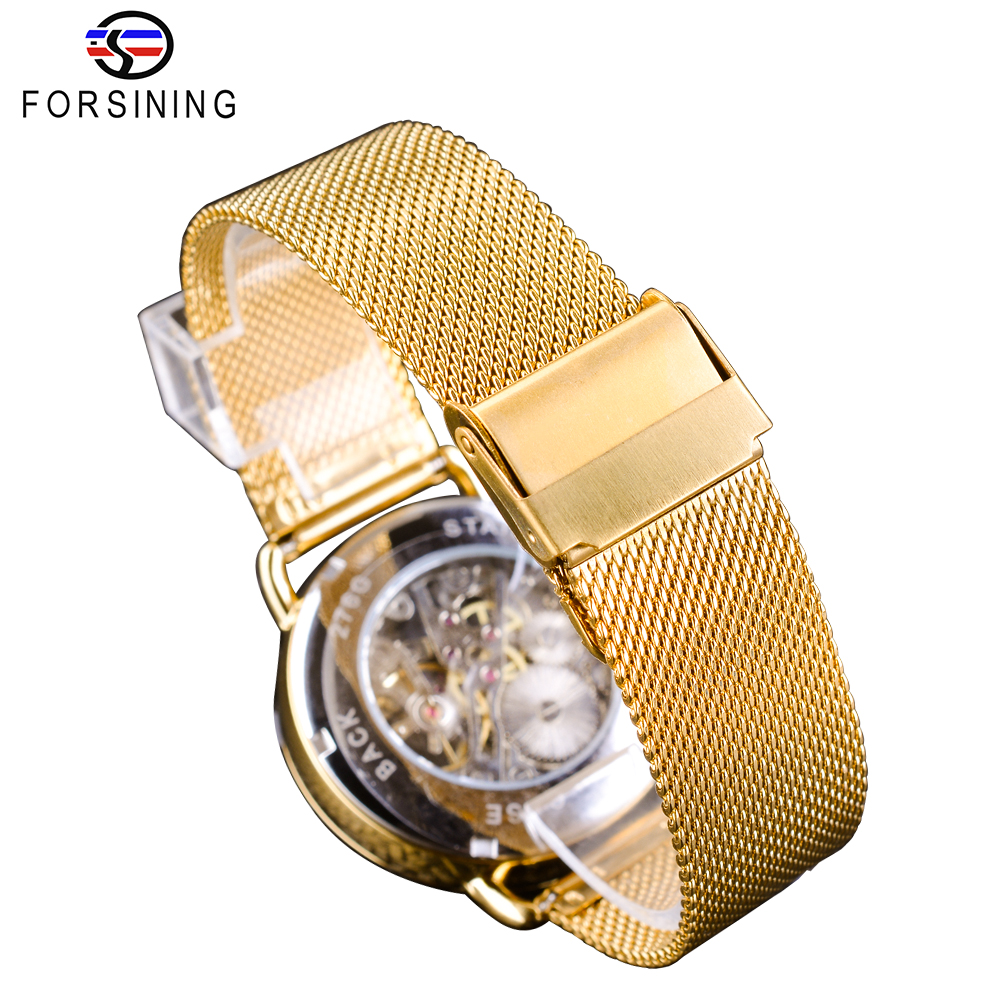 Forsining 2019 Mens Mechanical Watches Top Brand Luxury Classic Golden Mesh Band White Small Dial Waterproof Skeleton Clock Male