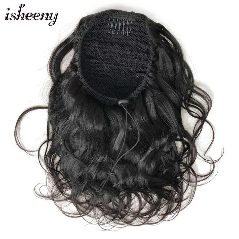 Isheeny Human Hair Ponytail extensions 8"-24" Brazilian Wavy Drawstring Pony Tail Clip In Hair Natural Color 100g