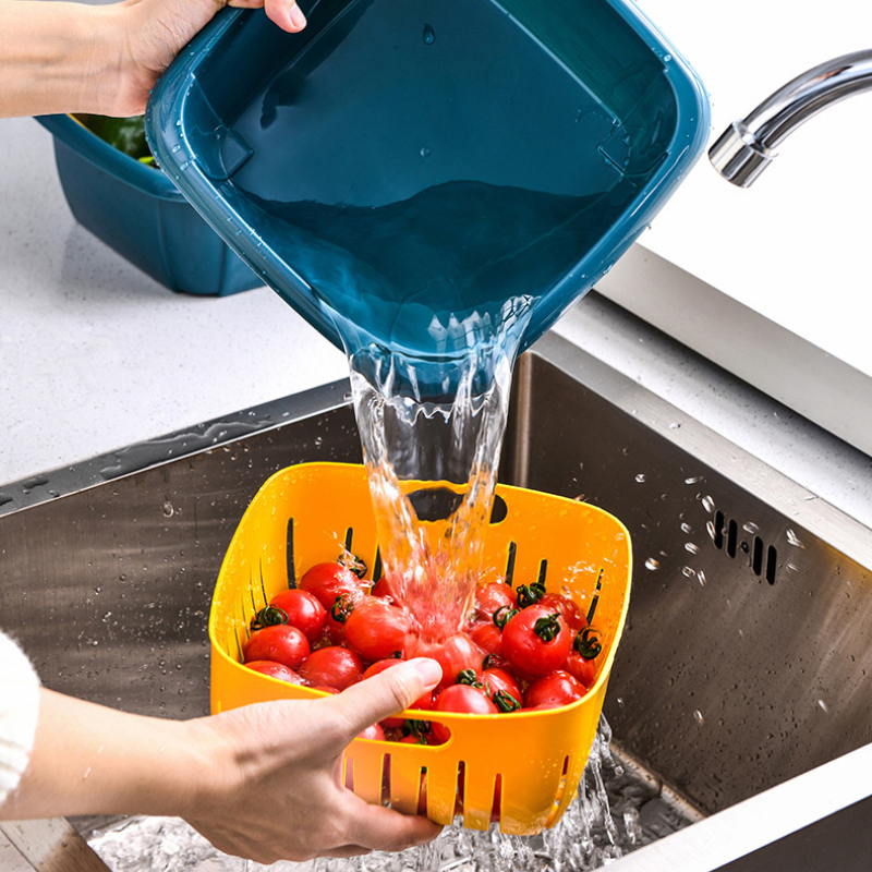 Kitchen Double Drain Basket Plastic Sealed Fresh-keeping Box Draining Vegetables Blue Fruit Basket Vegetable Washing Basket