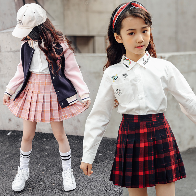 Kids vintage pleated skirt for girl plaid cotton skirts school clothes spring autumn teenager girl skirt children clothing 3-14Y