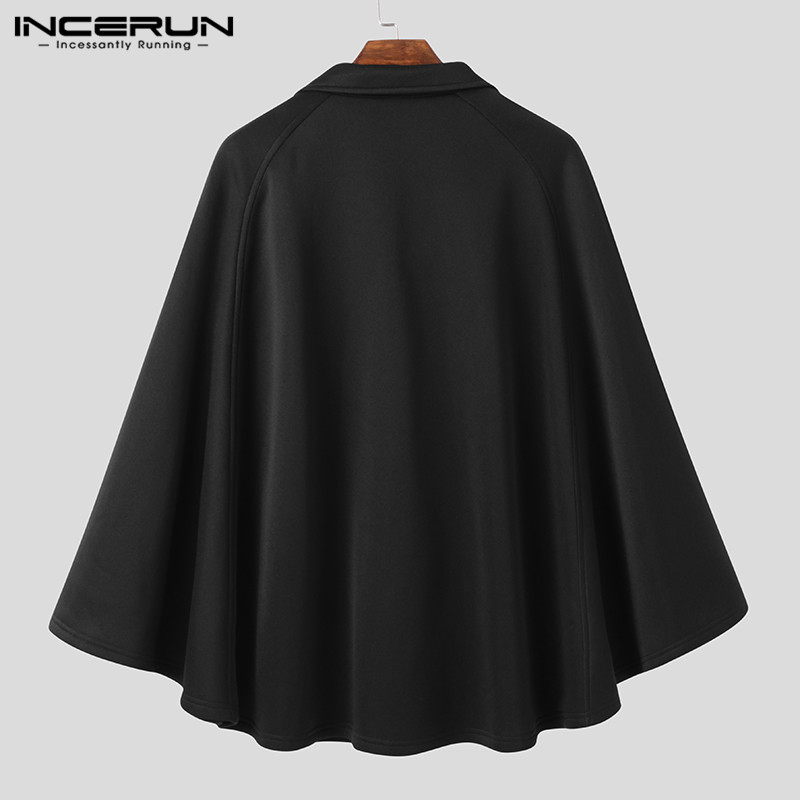 INCERUN Fashion Men Cloak Coats Solid Color Loose Capes Lapel Single Breasted Trench Streetwear Chic Mens Jackets Ponchos S-5XL