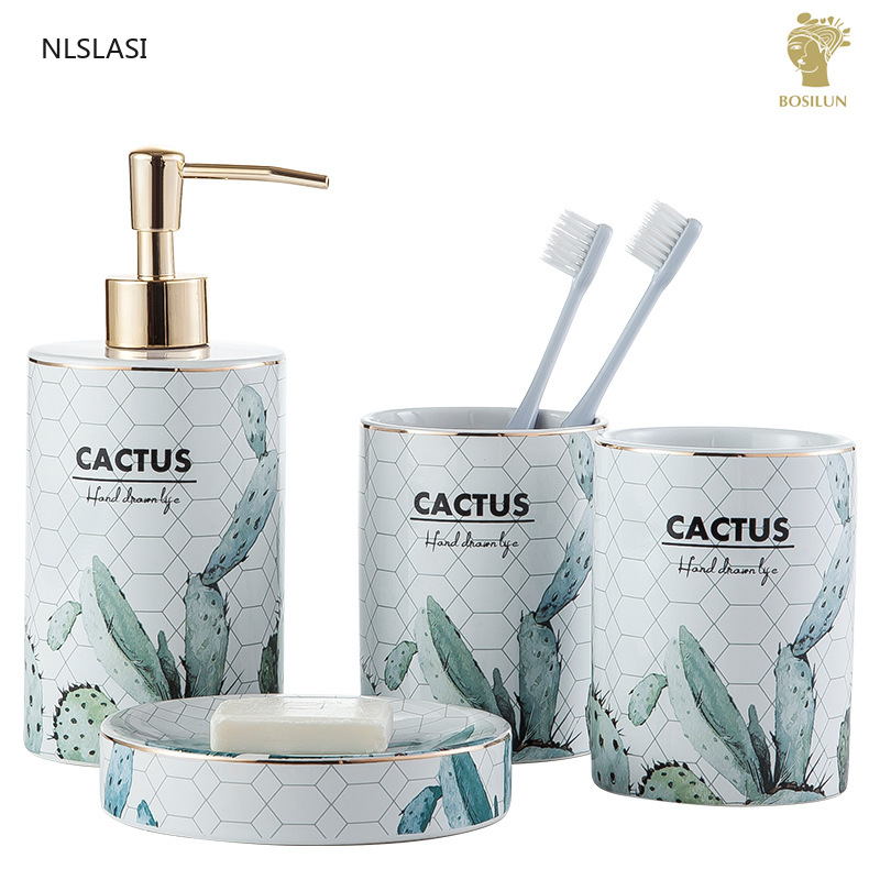 Nordic Style Cactus Ceramic Bathroom Four-piece Mouth Cup Holder Lotion Bottle Soap Box Home Hotel Bathroom Wash Set Ornaments