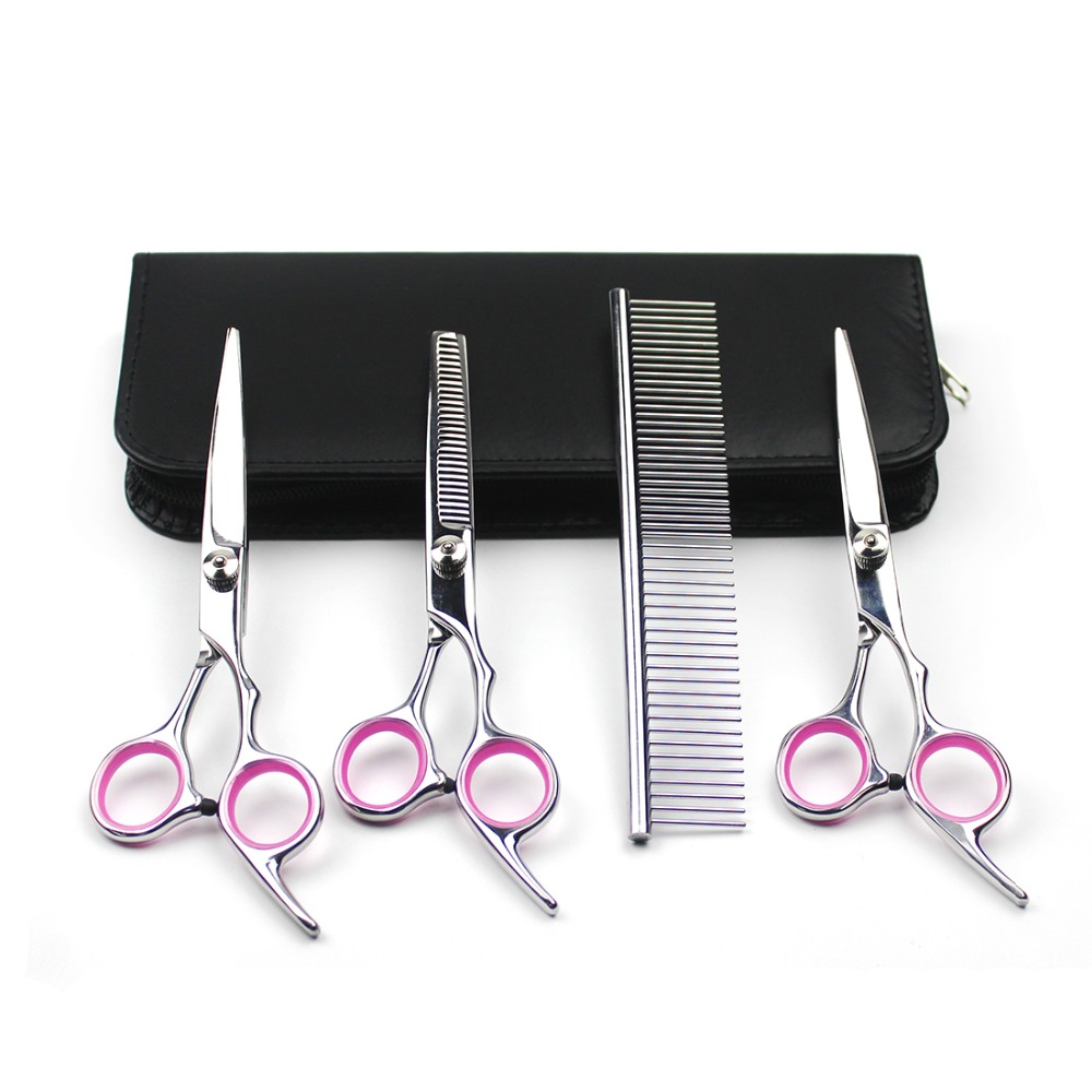 4pcs/set Dog Grooming Professional Pet Scissors Straight Thinning Curved Scissors With Comb Bag Cat Cutting Hair Shear 20024