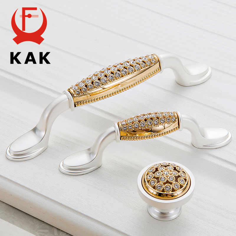 KAK 5pcs Crystal Gold Door Handles with Diamond Luxury Zinc Alloy Cabinet Drawer Knobs European Wardrobe Furniture Handle Pulls