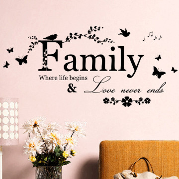 % Family where life begins love nevev ends quote wall stickers flower butterfly bird vinyl home decoration bedroom living room