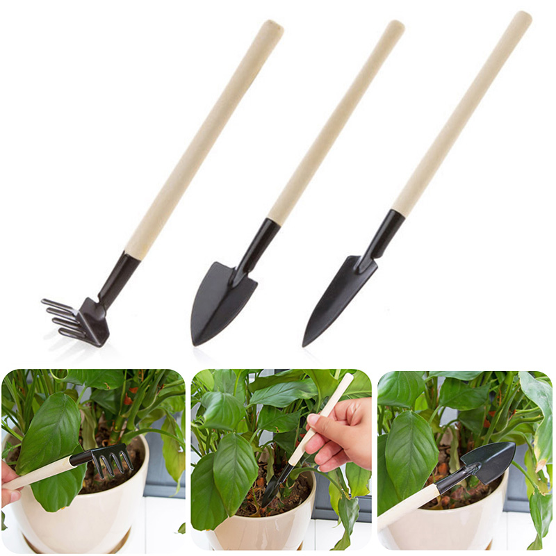 3pcs/lot Stainless Steel Plant Rake Shovel Soil Raising Flowers Wooden Handle Garden Plant Care Mini Portable Gardening Tools