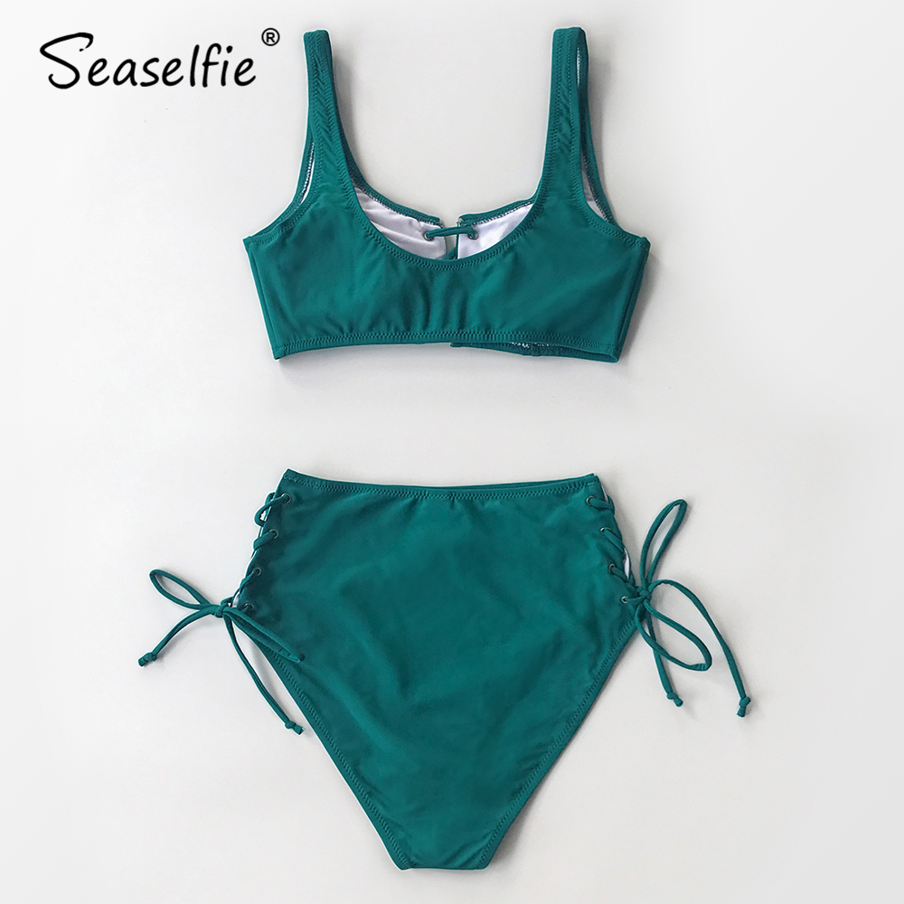 SEASELFIE Sexy Lace Up High-waist Bikini Sets Swimwear Women Swimsuit Bathing Suit 2021 Solid Teal Tank Top Bikinis Beachwear