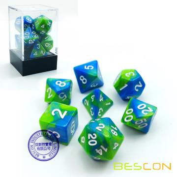 Bescon Gemini Polyhedral Dice Set Aquamarine, Two-tone RPG Dice Set of 7 d4 d6 d8 d10 d12 d20 d% Brick Box Pack