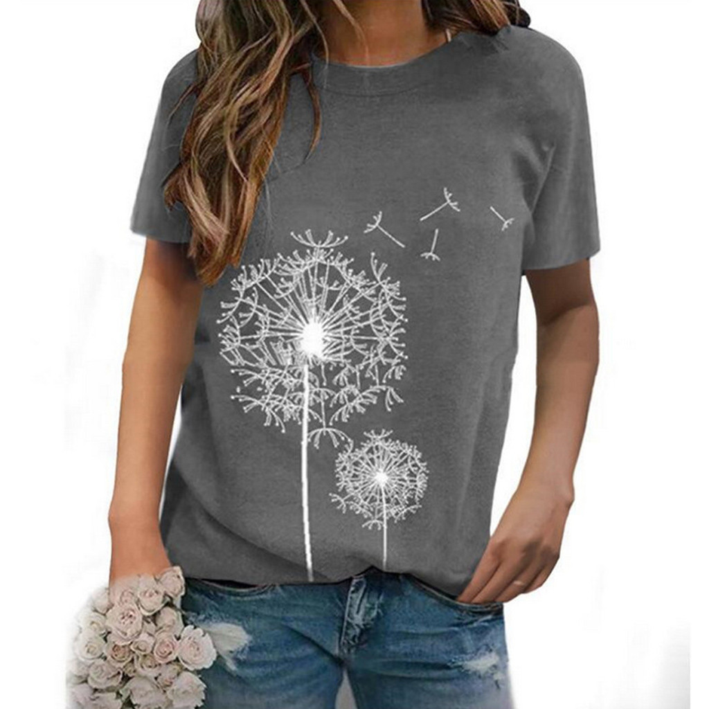 Women summer Girls Casual T-shirt Short Sleeve O Neck Loose Tshirt Dandelions Print Tops femme Lady Beach Street wear 2020