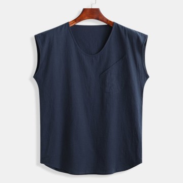 Summer Men's Tank Tops Baggy Cotton Linen Solid Pocket Sleeveless O-Neck Loose Mens Vest Tank Tops Blouses