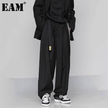 [EAM] High Elastic Waist Black Brief Long Wide Leg Trousers New Loose Fit Pants Women Fashion Tide Spring Autumn 2021 1DD0774