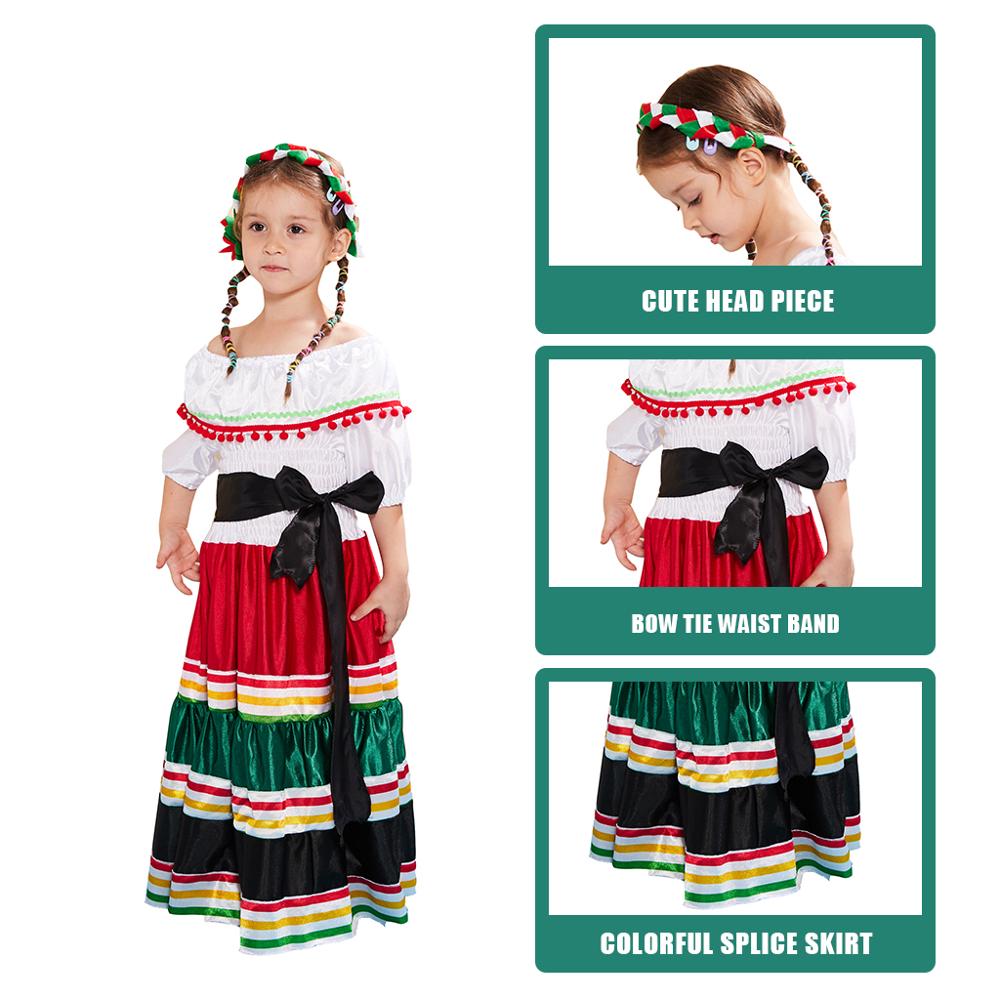 Eraspooky Traditional Folk Mexican Dress Girls Halloween Costume For Kids Mexico Carnival Party Dance Performance Fancy Dress
