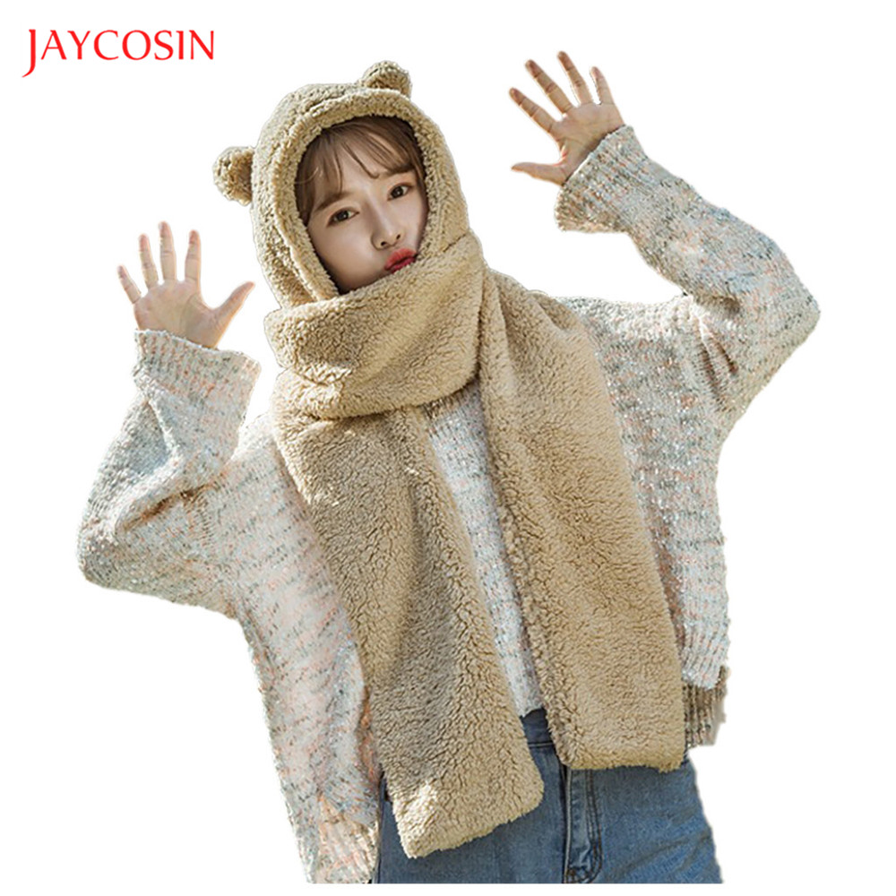 Joycosin 2019 Winter Women Novelty Caps Warm Cute Bear Ear Hat Casual Plush Hat Scarf Gloves Set Casual Solid Fleece Women Caps