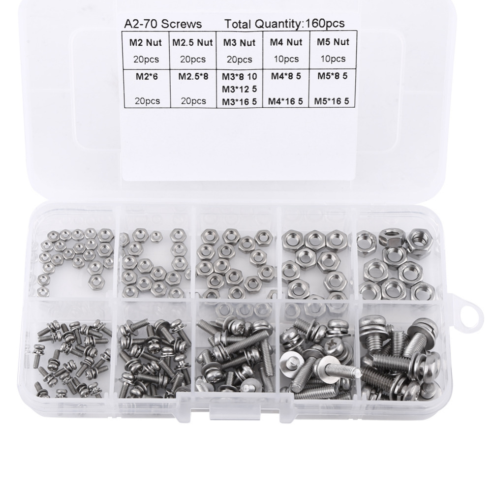 160Pcs/set M2 M2.5 M3 M4 M5 Pan Head Screws Nuts Assortment Kit Stainless Steel Cross Screws Hex Nut Fastener Hardware