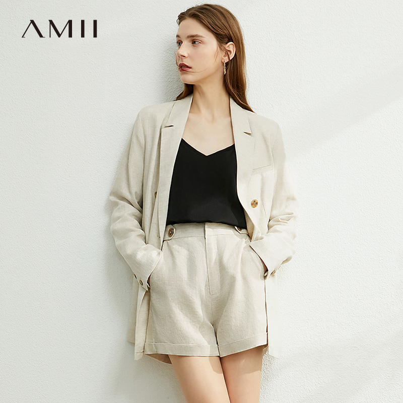 AMII Minimalism Autumn Women Set Solid Lapel Double Breasted Suit Coat High Waist Solid Pant Solid Short Female Suit 12040051