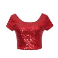 Newest Sexy Backless Crop Top Fashion Spring Summer Women O-neck Short Sleeve Sequin Short T shirt Female Slim Tops