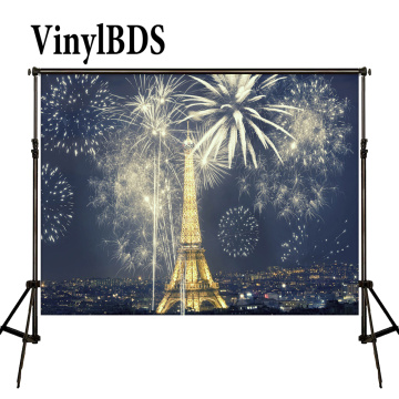 VinylBDS Eiffel Tower Backdrop Fireworks Scenic Photography Backdrops Romantic Firecracker Wedding Backdrop New Year Background