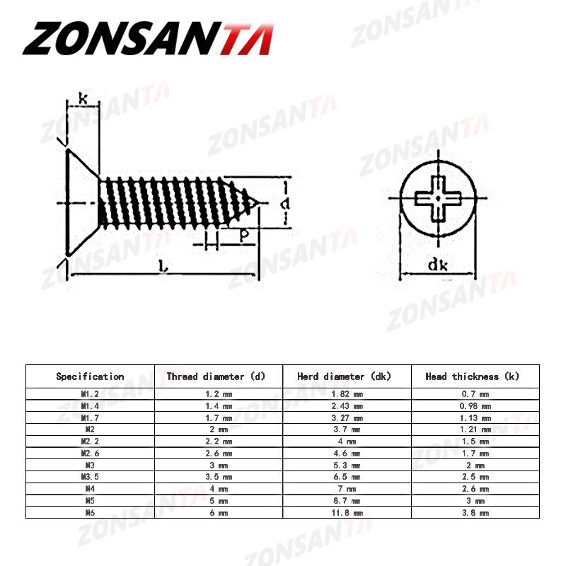 ZONSANTA M1.4 M1.7 M2 M2.3 M2.6 M3 M4 M5 M6 304 Stainless steel Cross recessed countersunk Flat head tapping screws Wood Screw